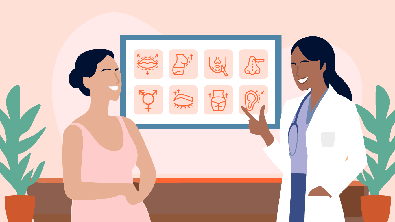 Illustration of a doctor and a patient going over different facial feminization surgery options.