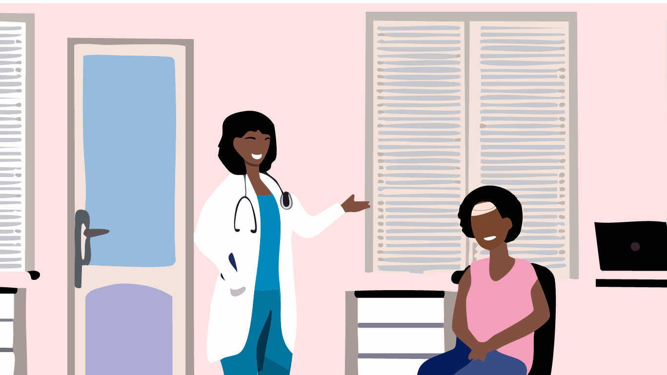 Illustration of a doctor and her patient in post-op consultation.